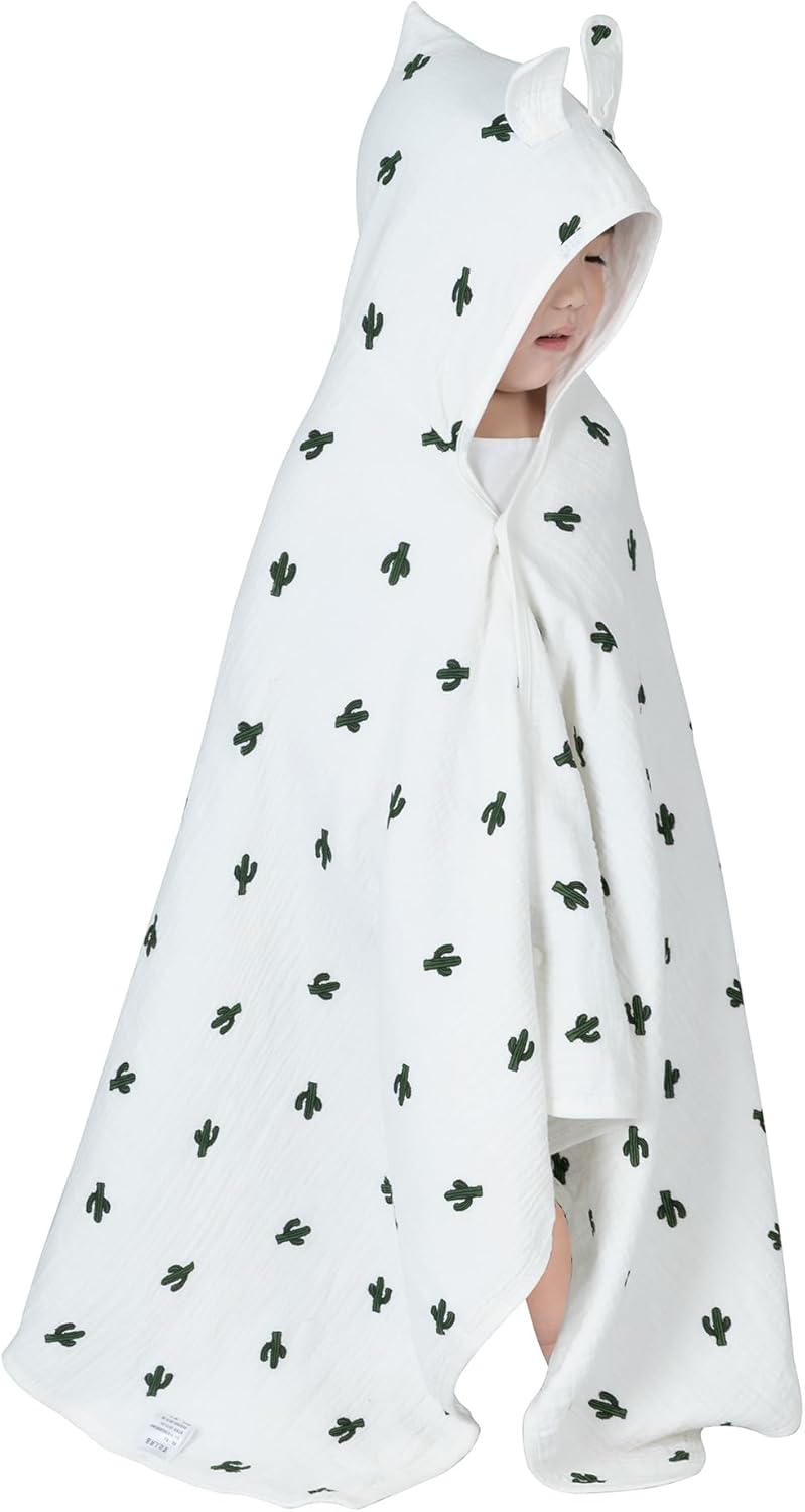 REMASS Hooded Towel Muslin Hooded Towel Made from Organic Cotton 6-Layer Cotton Bath Towel, Soft Bath Towels 25x51inches for Toddler Baby Kids Cactus - Image 1